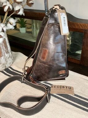 NWT Bed Stu Leather Adept Unisex Sling Backpack Black Teak Rustic MSRP $235